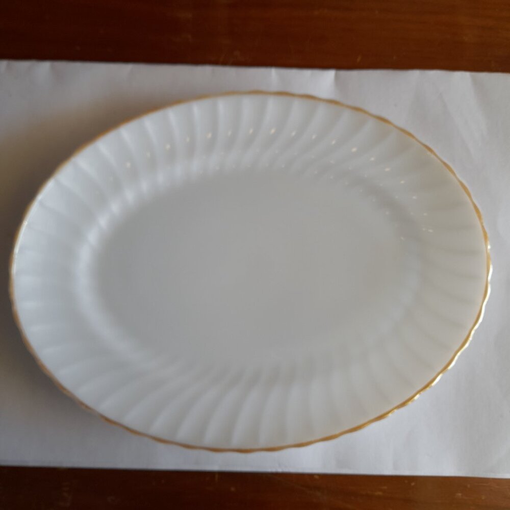 Vintage 15” Anchor Hocking USA Milk Glass Gold Trimmed Serving Platter